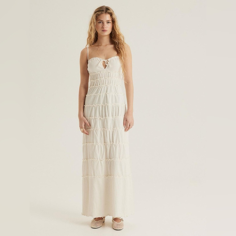 NWOT H&M Frill-Trimmed Bodycon Cream Maxi Dress with Ruffle ,Detail Size M